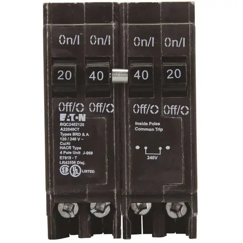 Eaton BQC2402120 BR 1-40 Amp 2 Pole and 2-20 Amp 1-Pole BQC (Common Trip) Quad Circuit Breaker Black