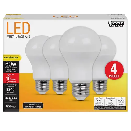 Feit Electric A80082710KLED/4 LED Lamp, General Purpose, A19 Lamp, 60 W Equivalent, E26 Lamp Base, Soft White Light - pack of 4