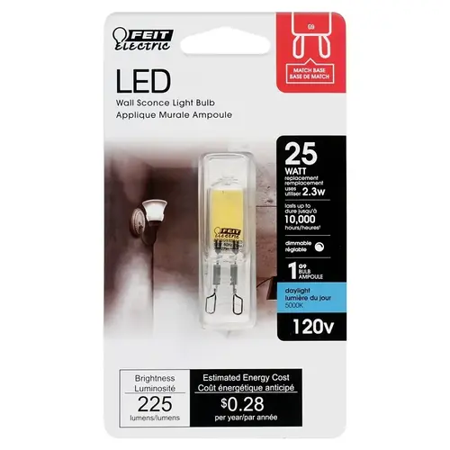 Feit Electric BP25G9/850/LED LED Bulb, Specialty, 25 W Equivalent, G9 Lamp Base, Dimmable, Daylight Light Clear
