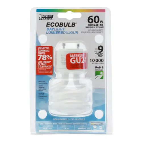 Feit Electric BPESL13TGU24CAN Compact Fluorescent Bulb, 13 W, Spiral Lamp, GU24 Lamp Base, 900 Lumens White