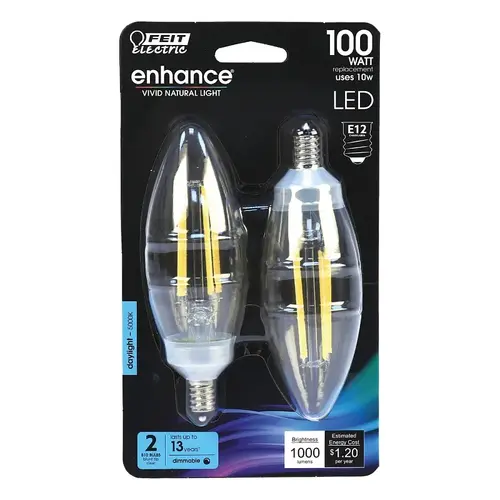 Feit Electric CTC100950CAFIL2 2 Filament LED Bulb, Blunt-Tip, B10 Lamp, 100 W Equivalent, E12 Lamp Base, Dimmable Pair Clear