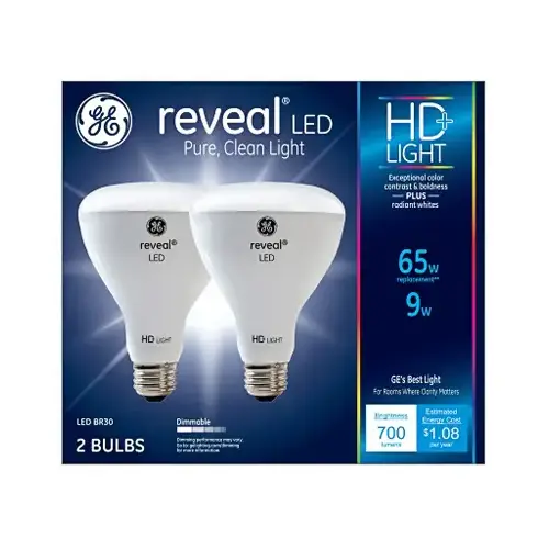 GE 30691 LED Floodlight Bulb Reveal BR30 E26 (Medium) Soft White 65 W Frosted Pair