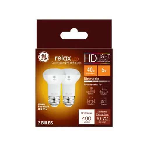 GE Lighting 46961 LED Light Bulb, R16 Shape, Medium Base, 400 Lumens, 6 Watts Pair