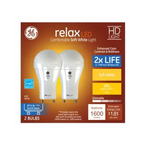 GE Lighting 93129020 LED Bulb, A19 Lamp, 100 W Equivalent, GU24 Lamp Base, Dimmable, Soft White Light, 2700 K Color Temp Pair