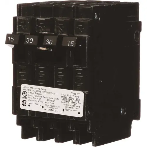 Siemens Q21530CT Triplex 2-Outer 15 Amp Single-Pole and 1-Inner 30 Amp Double-Pole Circuit Breaker Black
