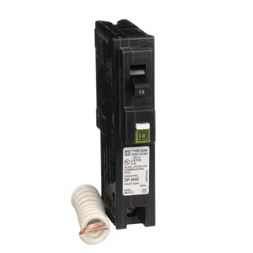 Square D HOM115CAFIC Circuit Breaker, AFCI, Combination, 15 A, 1 -Pole, 120 V, Fixed Trip, Plug Mounting