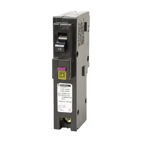 Square D HOM115PDFC Circuit Breaker, Dual Function, Mini, 15 A, 1 -Pole, 120 V, Plug Mounting