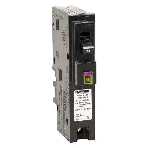 Square D HOM120PDFC Circuit Breaker, Dual Function, Mini, 20 A, 1 -Pole, 120 V, Plug Mounting