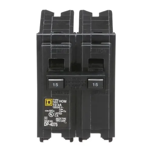 Square D HOM215CP Homeline Circuit Breaker, Mini, 15 A, 2 -Pole, 120/240 V, Fixed Trip, Plug Mounting, Black