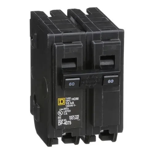 Square D HOM260CP Homeline Circuit Breaker, Mini, 60 A, 2 -Pole, 120/240 V, Fixed Trip, Plug Mounting, Black