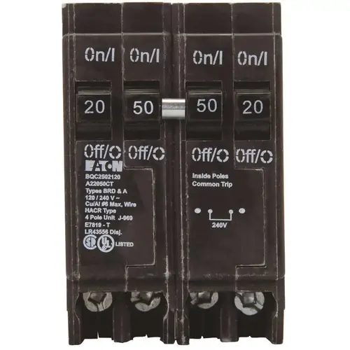 Eaton BQC2502120 BR 1- 50 Amp 2-Pole and 2-20 Amp 1 Pole BQC (Common Trip) Quad Circuit Breaker Black