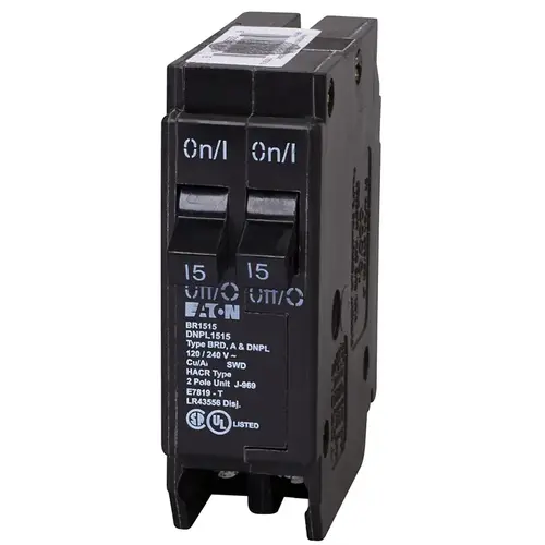 Eaton DNPL1515 Circuit Breaker, Duplex, Type DNPL, 15 A, 2-Pole, 120 VAC, Long Time, Instantaneous, Independent Trip