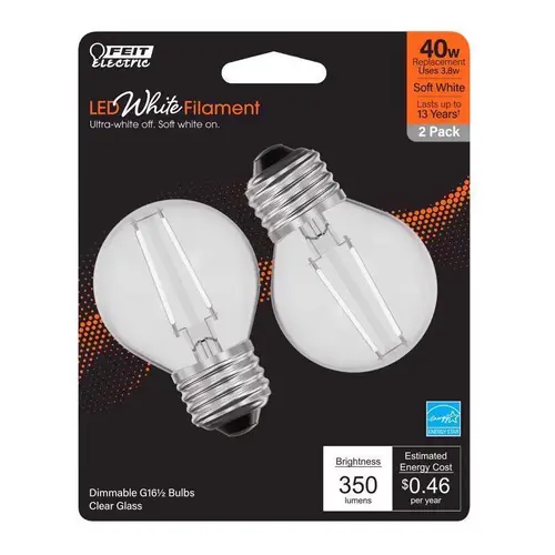 Feit BPGM40927WFIL2 Filament LED Bulb White Filament G16.5 E26 (Medium) Soft White 40 Watt Equivalence Clear
