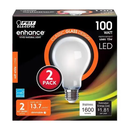 Feit Electric A100/927CA/FIL2 Filament LED Bulb A21 E26 (Medium) Soft White 100 Watt Equivalence White Pair