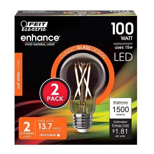 Feit Electric A100CL927CAFIL2 Filament LED Bulb Enhance A19 E26 (Medium) Soft White 100 Watt Equivalence Clear