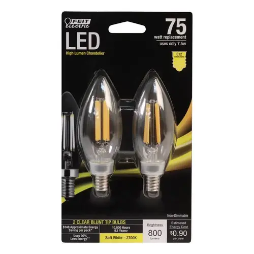 Feit Electric BPCTC75/827LED2 LED Bulb Blunt Tip E12 (Candelabra) Soft White 75 W Clear Pair