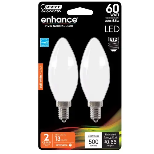 Feit Electric BPCTF60927CAFL2 Filament LED Bulb Enhance Blunt Tip E12 (Candelabra) Soft White 60 W Frosted Pair