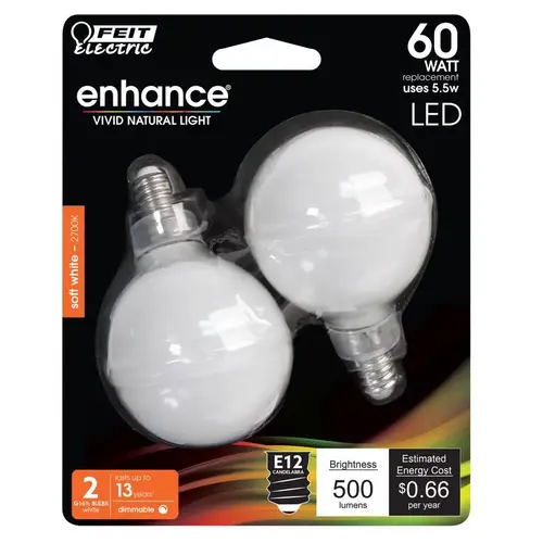 Feit Electric BPG1660W927CAFIL2 LED Light Bulb, G16.5 Mini Globe Lamp, 60 W Equivalent, E12 Candelabra Lamp Base, Frost White - pack of 2