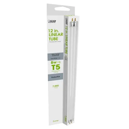 Feit Electric F8T5/CW/RP Fluorescent Bulb, 8 W, T5 Lamp, Miniature G5 Lamp Base, 320 Lumens, 4100 K Color Temp Frosted