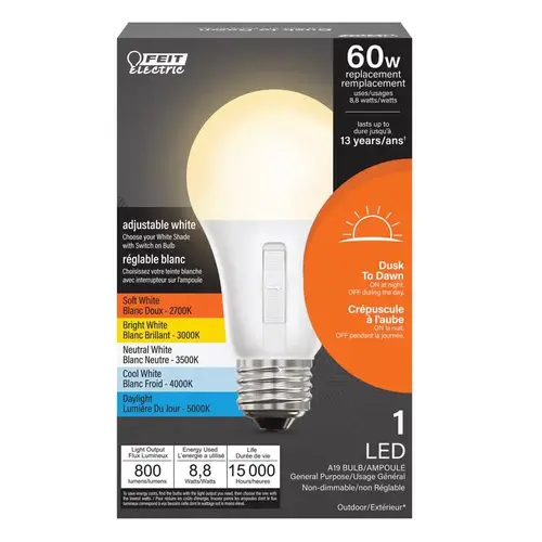 Feit Electric OM603CCTCADDLDI LED Dusk to Dawn Bulb A19 E26 (Medium) Tunable White/Color Changing 60 Watt Equivalenc White