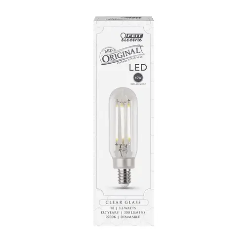 Feit Electric T8C/CL/VG/CALED LED Bulb T8 E12 (Candelabra) Soft White 40 Watt Equivalence Clear