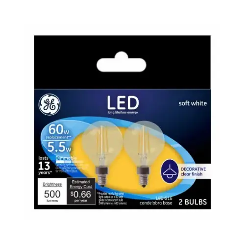 GE 24547 LED Bulb G16 E12 (Candelabra) Soft White 60 W Clear Pair
