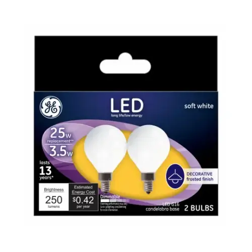 GE 28280 LED Bulb G16 E12 (Candelabra) Soft White 25 Watt Equivalence Frosted Pair