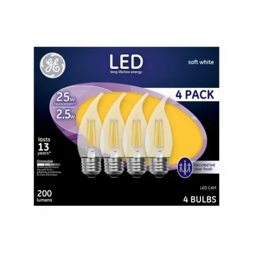 GE Lighting 10193 Decorative LED Light Bulbs, Soft White, Clear, Dimmable, 200 Lumens, 2.5-Watts - pack of 4
