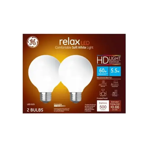 GE Lighting 31696 LED Relax Globe Light Bulbs, Soft White, 500 Lumens, 5.5-Watts Pair
