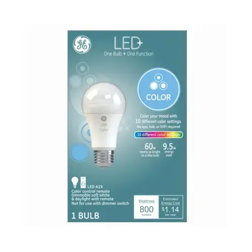 GE Lighting 93128968 LED Color Changing Bulb with Remote, A19, 9-Watts, 800 Lumens