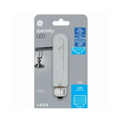 GE Lighting 93129002 LED Bulb, T10 Lamp, 25 W Equivalent, E26 Medium Lamp Base, Clear, 3000 K Color Temp