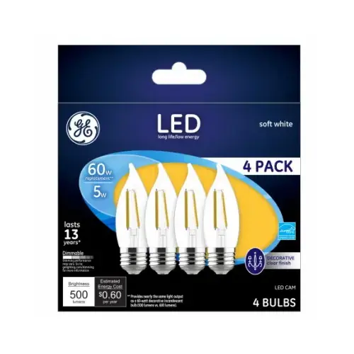GE Lighting 93129342 Decorative LED Light Bulbs, Soft White, CAM, Clear, Dimmable, 500 Lumens, 5-Watts - pack of 4