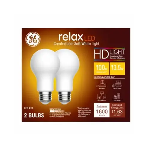 GE Lighting 93129807 Relax HD  LED Light Bulbs, Soft White, 1600 Lumens, 13-Watts Pair