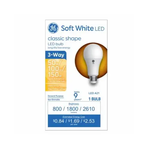 GE Lighting 93130567 LED Bulb, 3-Way, A21 Lamp, 50/100/150 W Equivalent, Medium Lamp Base, Soft White Light, 2700 K Color Temp
