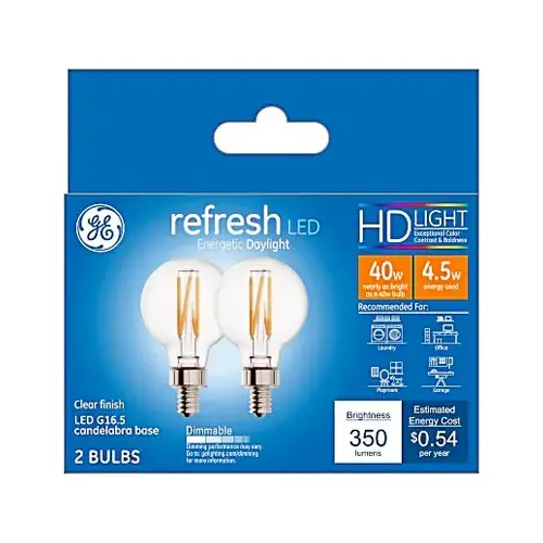 GE Lighting 93130892 LED Globe Light Bulbs, Clear DayGlobe Light, 350 Lumens, 4.5-Watts Pair