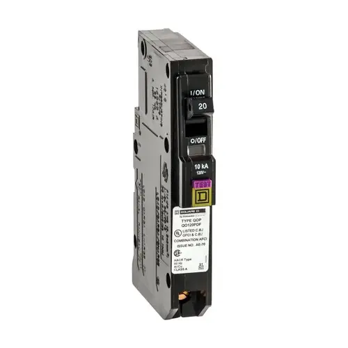 Square D QO120PDFC Circuit Breaker, CAFCI, Mini, 20 A, 1 -Pole, 120 V, Plug Mounting