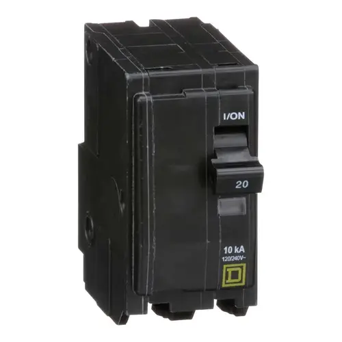 Square D QO220CP QO Circuit Breaker, Mini, 20 A, 2 -Pole, 120/240 VAC, 48 VDC, Plug Mounting, Black