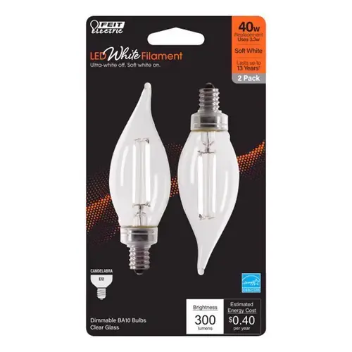 Feit BPCFC40927WFIL2 Filament LED Bulb BA10 E12 (Candelabra) Soft White 40 Watt Equivalence Clear