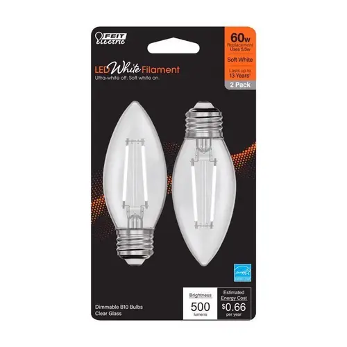Feit BPETC60927WFIL2 Filament LED Bulb B10 E26 (Medium) Soft White 60 Watt Equivalence Clear