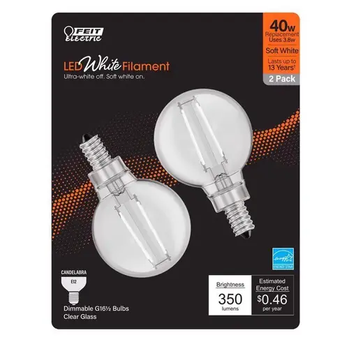 Feit BPG1640927WFIL2 Filament LED Bulb White Filament G16.5 E12 (Candelabra) Soft White 40 Watt Equivalence Clear