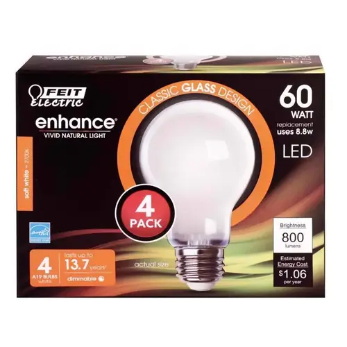 Feit Electric A1960927CAFIL4 LED Bulb, General Purpose, A19 Lamp, 60 W Equivalent, E26 Lamp Base, Dimmable Frosted - pack of 4