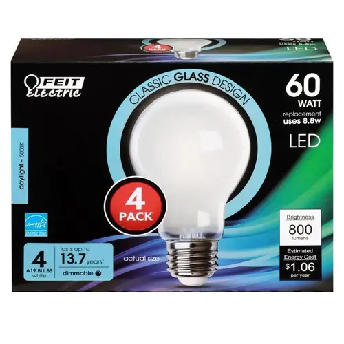 Feit Electric A1960950CAFIL4 LED Bulb, General Purpose, A19 Lamp, 60 W Equivalent, E26 Lamp Base, Dimmable Milky - pack of 4