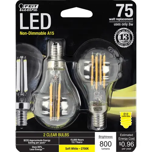 Feit Electric BPA1575C827FIL2 Filament LED Bulb A15 E12 (Candelabra) Soft White 75 W Clear Pair