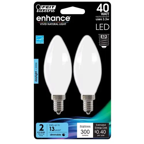 Feit Electric BPCTF40950CAFL2 Filament LED Bulb Enhance B10 E12 (Candelabra) Daylight 40 W Frosted Pair