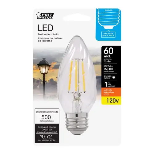 Feit Electric BPF1560827FILED-XCP6 LED Bulb, Decorative, F15 Lamp, 60 W Equivalent, E26 Lamp Base, Dimmable, Clear - pack of 6