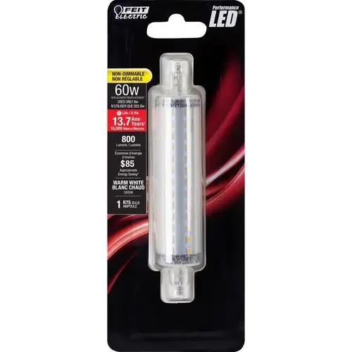 Feit Electric BPJ118/LED LED Lamp, Specialty, R7S Lamp, 60 W Equivalent, R7 Lamp Base, Clear, Warm White Light