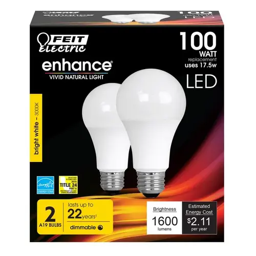 Feit Electric OM100DM/930CA/2 LED Lamp, General Purpose, A21 Lamp, 100 W Equivalent, E26 Lamp Base, Dimmable Pair White