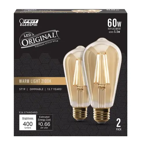 Feit ST19/VG/LED/2 Filament LED Bulb ST19 E26 (Medium) Warm Amber 60 Watt Equivalence Clear