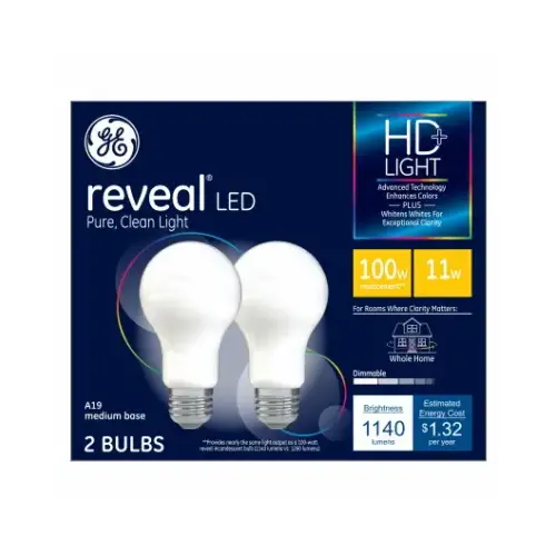 GE 46657 LED Light Bulb Reveal HD  A19 E26 (Medium) Pure Clean Light 100 Watt Equivalence Frosted Pair