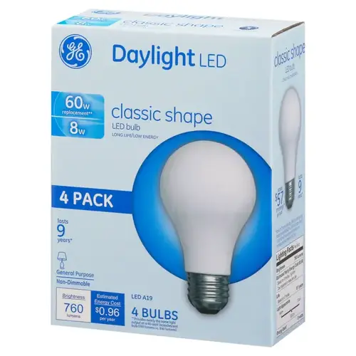 GE 99192 GE 8W LED Daylight A19 Bulb - Equivalent to 60W Non-Dimmable Clear